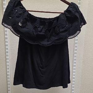 LOFT Black Off-the-Shoulder Crochet Trim Camisole